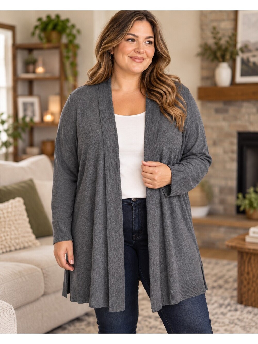 Liz Claiborne Woman 1X Gray Long Open Front Cardigan